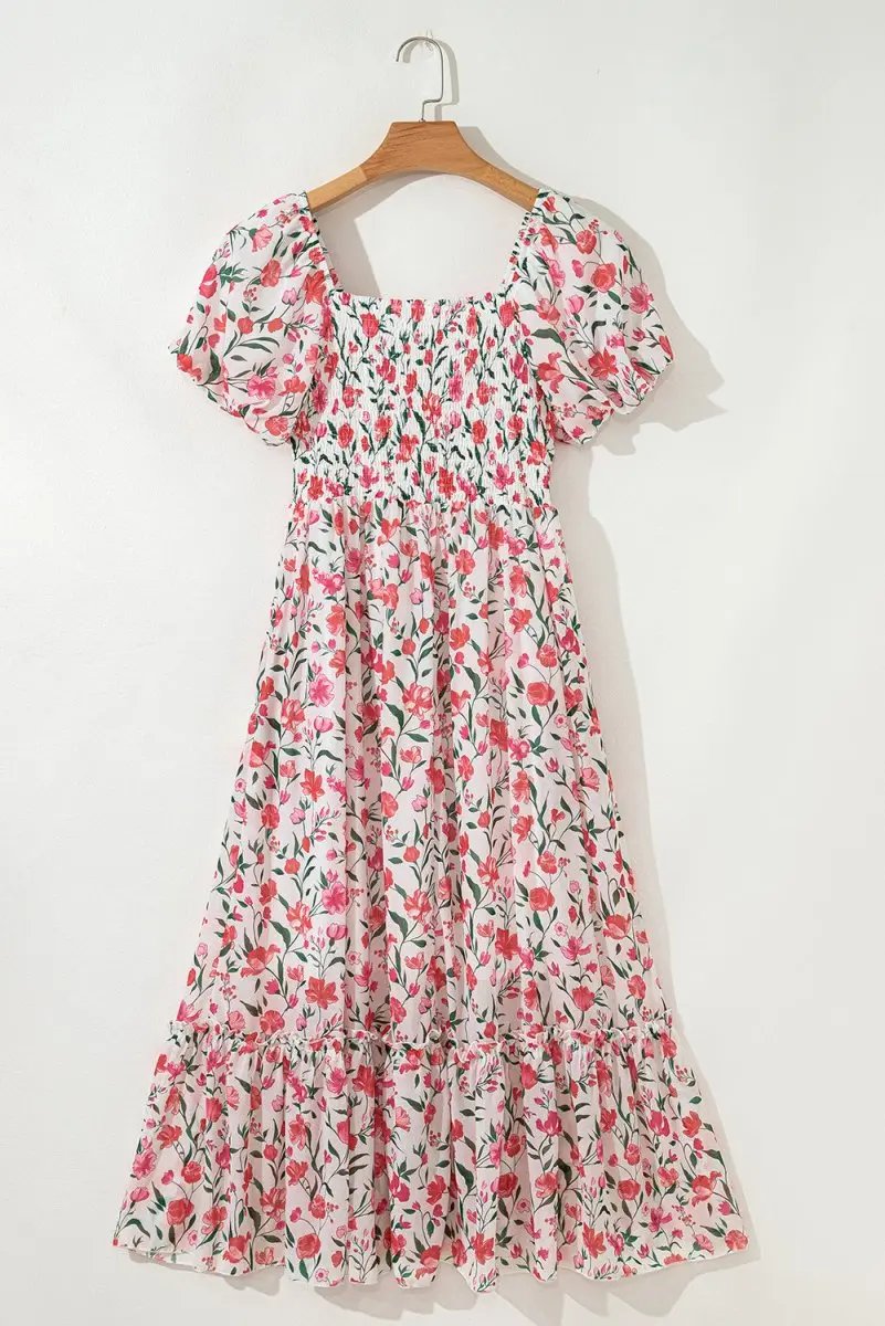 Pink Floral Puff Sleeve Square Neck Empire Waist Maxi Dress - Love Salve